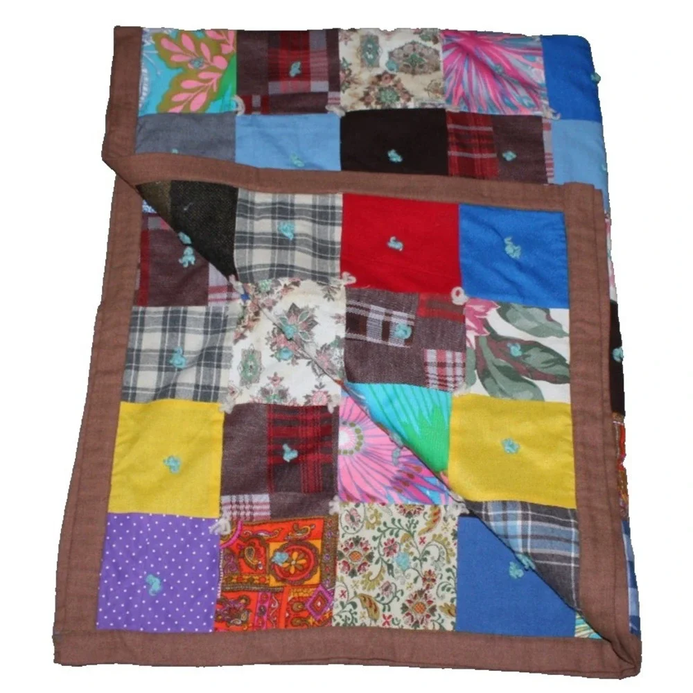 colorful vintage 1970s polyester patchwork quilt yarn ties 44